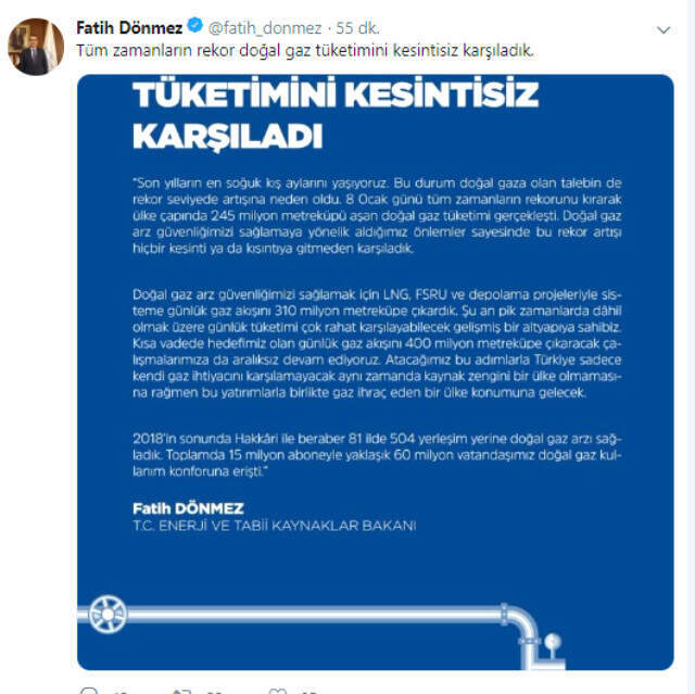 Bakan Açıkladı! Günlük Doğal Gaz Tüketiminde Tüm Zamanların Rekoru Kırıldı