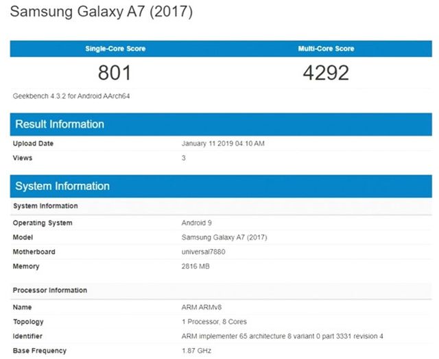 <a class='keyword-sd' href='/samsung-galaxy/' title='Samsung Galaxy'>Samsung Galaxy</a> A7 (2017)'nin Android 9 Pie Güncellemesi, Geekbench'te Görüntülendi