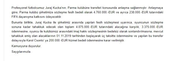 Trabzonspor, Juraj Kucka'nın Parma'ya Transfer Olduğunu KAP'a Bildirdi