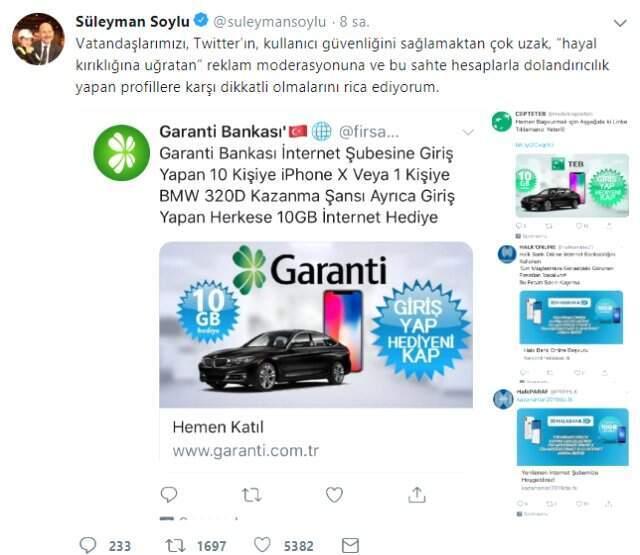 İçişleri Bakanı Soylu, Twitter'a Tepki Gösterip Vatandaşları Uyardı