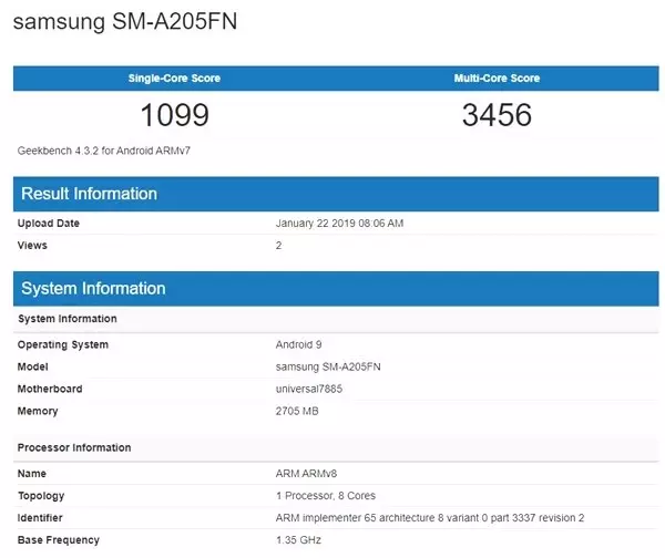 Exynos 7885'li <a class='keyword-sd' href='/samsung-galaxy/' title='Samsung Galaxy'>Samsung Galaxy</a> A20'nin Geekbench Skoru Belli Oldu