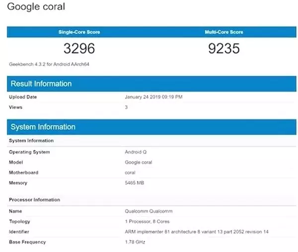 Google'ın Android Q ile Çalışan 'Coral' Kod Adlı Ürünü, Geekbench'te Ortaya Çıktı