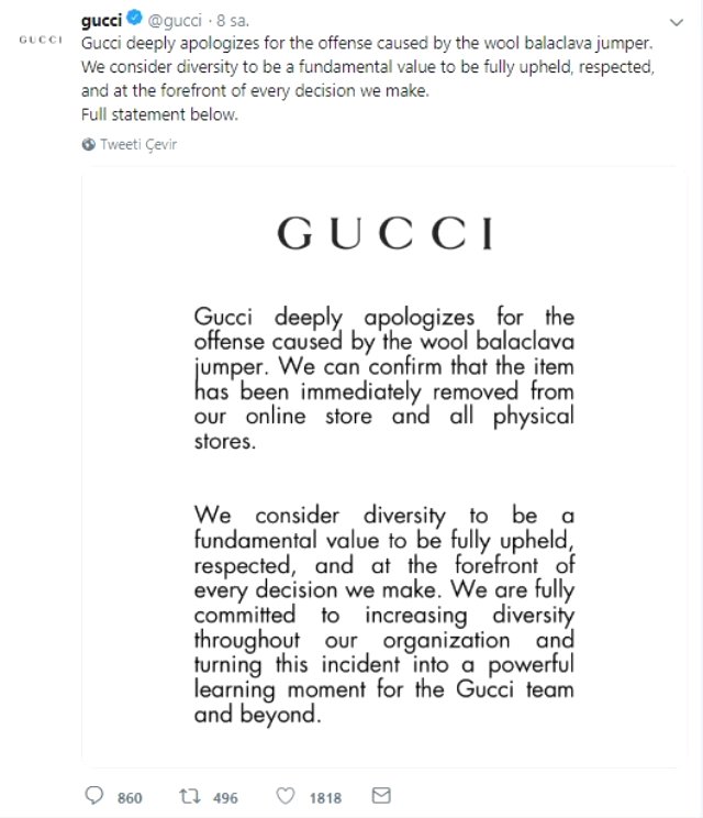 Gucci Tartışılan Siyah Kazağını Satıştan Kaldırdı, Özür Diledi