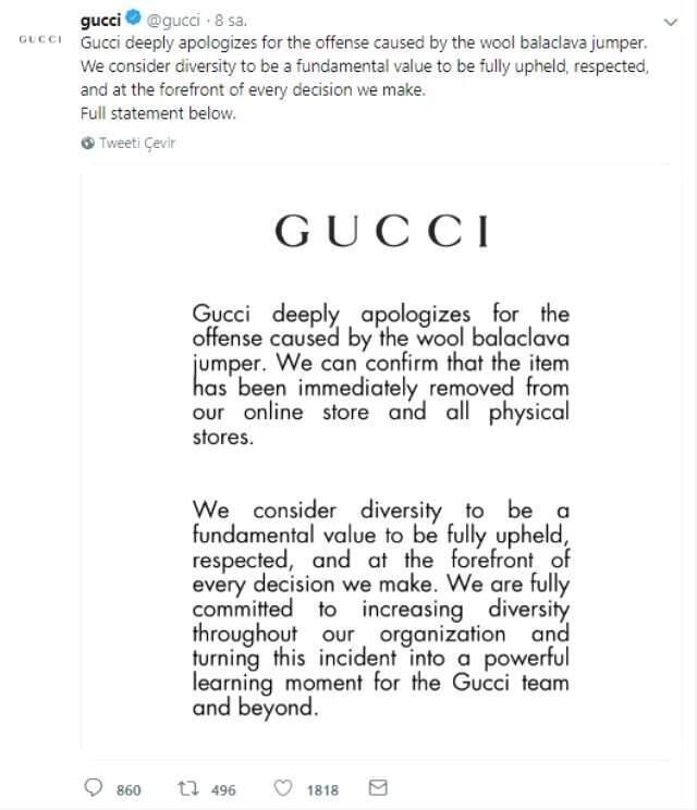 Gucci Tartışılan Siyah Kazağını Satıştan Kaldırdı, Özür Diledi