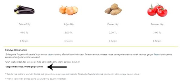 Epttavm'de Tanzim Satışın Sadece Ankara İçin Geçerli Olduğu Ortaya Çıktı
