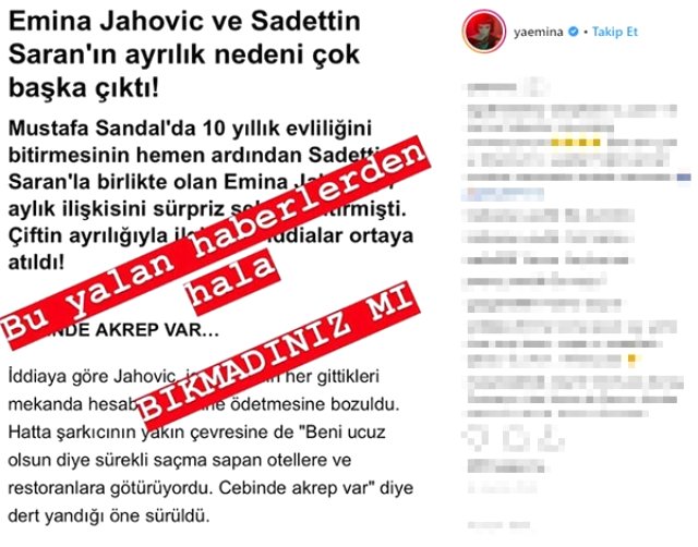 Sadettin Saran'dan Ayrılan Emina Jahovic, Yalan Haberlere Ateş Püskürdü