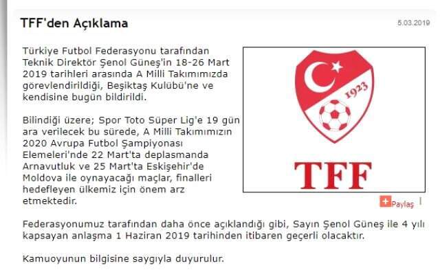 Türkiye Futbol Federasyonundan Şenol Güneş Açıklaması! Türkiye Futbol Federasyonundan Şenol Güneş Açıklaması!