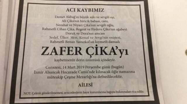 Demet Akbağ'ın Eşi Zafer Çika'nn Ölüm İlanında Dikkat Çeken Detay