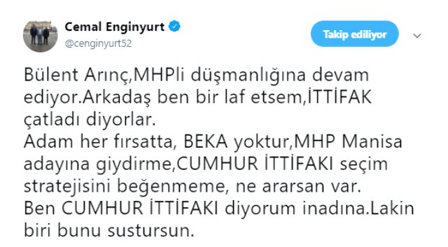 MHP'li Vekil Enginyurt'tan Bülent Arınç'a Tepki: Biri Bunu Sustursun