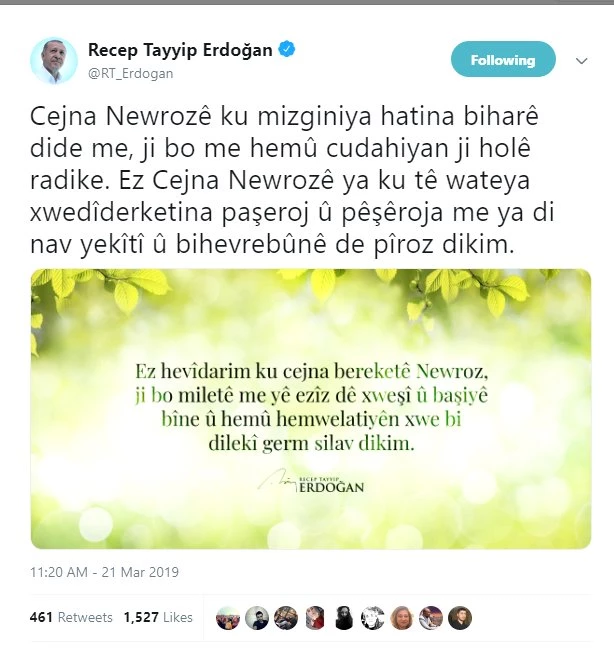 Cumhurbaşkanı Erdoğan'dan Türkçe ve Kürtçe Nevruz Mesajı
