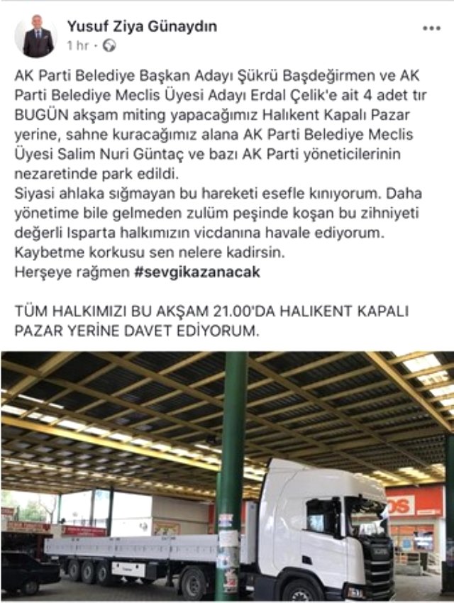 MHP'li Belediye Başkan Adayı Miting Yapacağı Alanı AK Parti'li Adayın TIR'larla Kapattığını İddia Etti