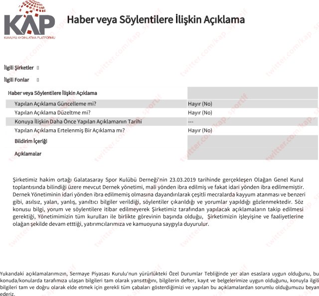 Galatasaray'dan Kamuoyu Aydınlatma Platformu'na <a class='keyword-sd' href='/kayyum/' title='Kayyum'>Kayyum</a> Açıklaması
