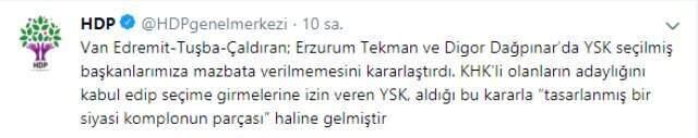 YSK'nın KHK'li Başkanlara Mazbata Vermeme Kararına HDP'den Tepki Geldi