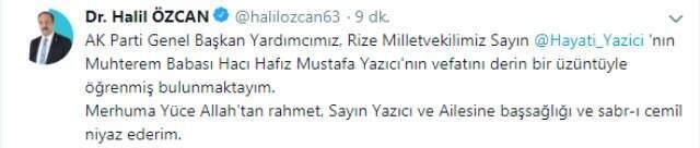 AK Parti Rize Milletvekili Hayati Yazıcı'nın Babası Vefat Etti