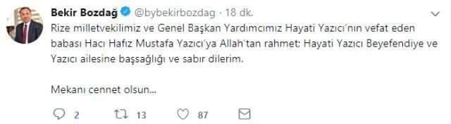 AK Parti Rize Milletvekili Hayati Yazıcı'nın Babası Vefat Etti