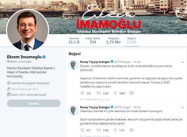 Ekrem İmamoğlu, Erdoğan'ın Twitter Paylaşımlarını Beğendi