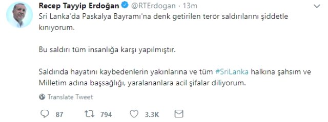 Erdoğan'dan Sri Lanka'daki Kanlı Saldırıyla İlgili Mesaj: Şiddetle Kınıyorum