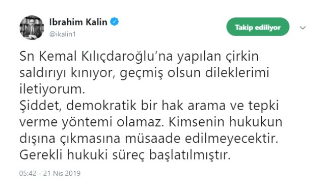 Cumhurbaşkanlığı Sözcüsü İbrahim Kalın: Kılıçdaroğlu'na Yapılan Saldırıyı Kınıyorum