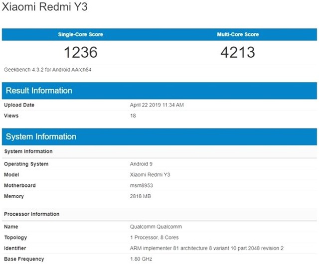 Tanıtımına Günler Kala, Redmi Y3'ün Benchmark Sonuçları Ortaya Çıktı