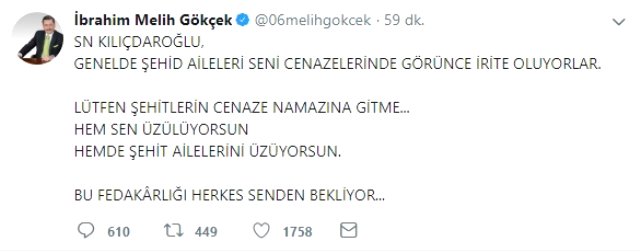 Melih Gökçek'ten Kılıçdaroğlu'na Çağrı: Şehit Cenazesine Gitme
