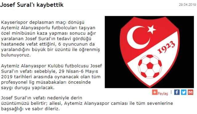 TFF'den Josef Sural İçin Açıklama: Profesyonel Lig Müsabakaları Öncesinde Saygı Duruşu Yapılacak TFF'den Josef Sural İçin Açıklama: Profesyonel Lig Müsabakaları Öncesinde Saygı Duruşu Yapılacak