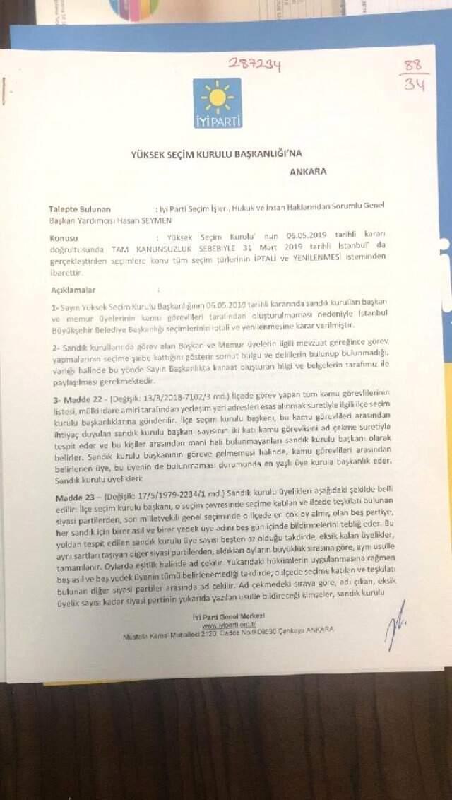 İYİ Parti, İstanbul Seçimlerinin Tümünün İptal Edilmesi İçin YSK'ya İtirazda Bulundu