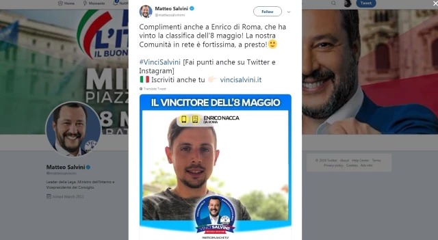 İtalya Başbakan Yardımcısı Salvini'den <a class='keyword-sd' href='/sosyal-medya/' title='Sosyal Medya'>Sosyal Medya</a> Yarışması: 'Salvini Kazan'