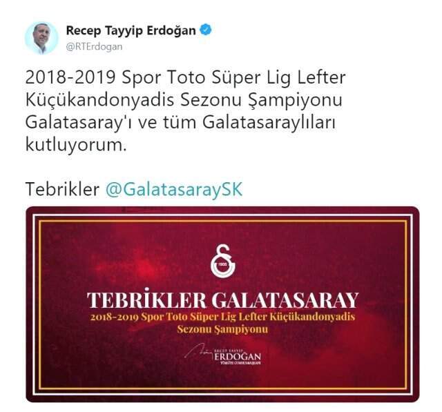 Cumhurbaşkanı Erdoğan, Galatasaray'ın Şampiyonluğunu Kutladı