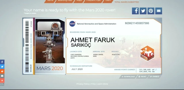 NASA, Türklerin Birinci Olduğunu Duyurdu: 308 Bin 454 Kişinin İsmi Mars'a Gidecek