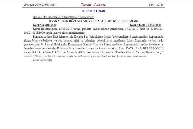 BDDK'nın kararı ile Türkiye'de yeni bir banka kuruldu