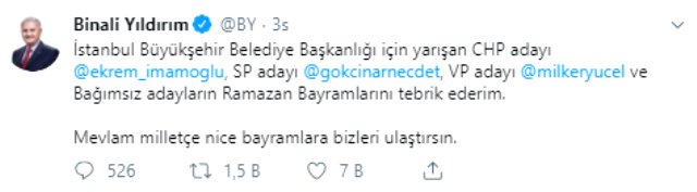  <a class='keyword-sd' href='/ak-parti/' title='AK Parti'>AK Parti</a>'nin İstanbul Adayı Binali Yıldırım, rakiplerinin bayramını kutladı