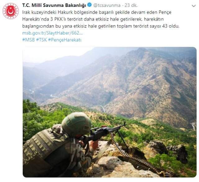 Son dakika! Pençe Harekâtı'nda 3, Zap bölgesinde 2 terörist daha etkisiz hale getirildi Pençe Harekâtı'nda 3, Zap bölgesinde 2 terörist daha etkisiz hale getirildi
