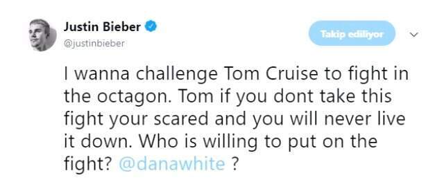 Justin Bieber'dan Tom Cruise'a kafes dövüşü teklifi Justin Bieber'dan Tom Cruise'a kafes dövüşü teklifi