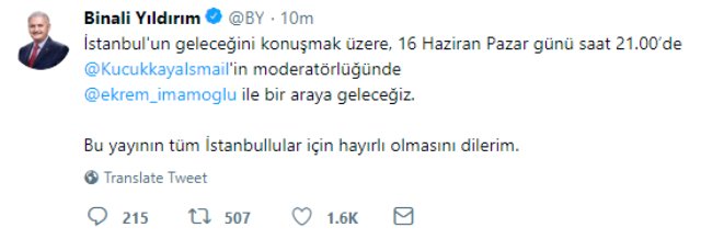 Ortak yayın açıklamasına Binali Yıldırım'dan ilk yorum: İstanbullular için hayırlı olmasını dilerim