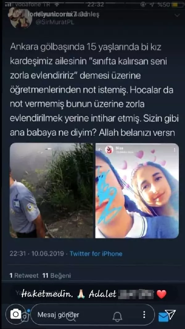 Mogan Gölü'nden cesedi bulunan 14 yaşındaki Adalet'in cep telefonundan intihar mesajı çıktı