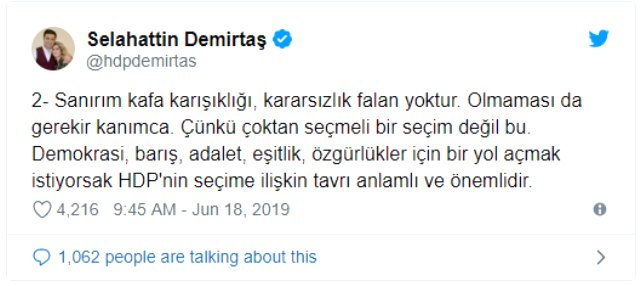 Demirtaş'tan 23 Haziran tweeti: <a class='keyword-sd' href='/imamoglu/' title='İmamoğlu'>İmamoğlu</a>'nun söyleminin desteklenmesi gerektiğine inanıyoruz
