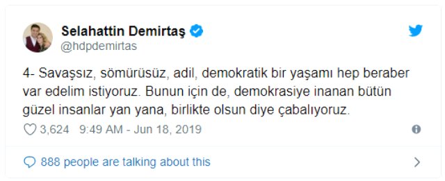 Demirtaş'tan 23 Haziran tweeti: İmamoğlu'nun söyleminin desteklenmesi gerektiğine inanıyoruz