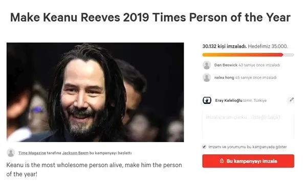 Keanu Revees İçin Hayranlarından 'Yılın Kişisi Olsun' Kampanyası