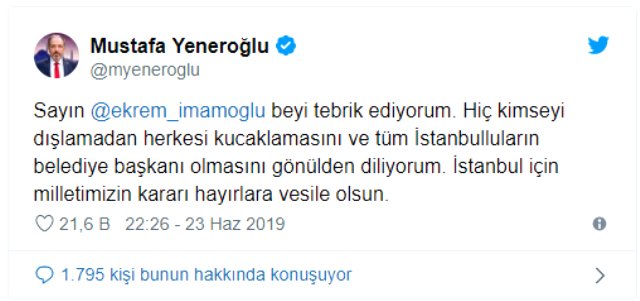 AK Partili Yeneroğlu'ndan İstanbul seçimi sonrası dikkat çeken paylaşım