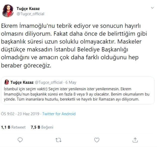 Ekrem İmamoğlu'nu tebrik eden Tuğçe Kazaz'dan seçim sonrası dikkat çeken mesaj