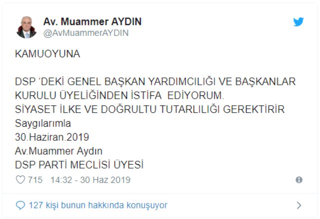 DSP'li Muammer Aydın, Twitter hesabından istifa ettiğini açıkladı
