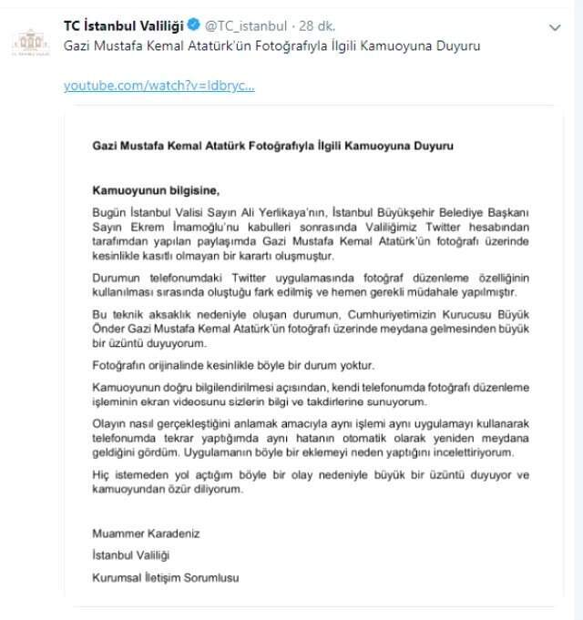 İstanbul Valiliği'nden 'Atatürk' fotoğrafına ilişkin videolu açıklama İstanbul Valiliği'nden 'Atatürk' fotoğrafına ilişkin videolu açıklama
