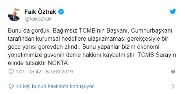 CHP'den Merkez Bankası Başkanı Murat Çetinkaya'nın görevden alınmasına ilk tepki