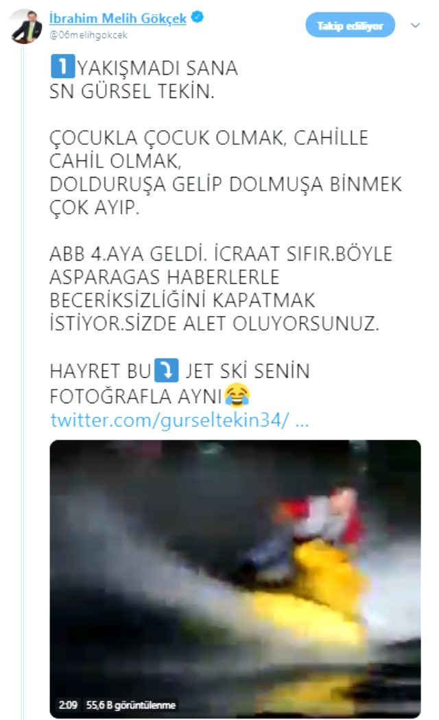 Melih Gökçek'ten CHP'li Gürsel Tekin'in jet ski paylaşımına tepki: Cahille cahil olmak çok ayıp