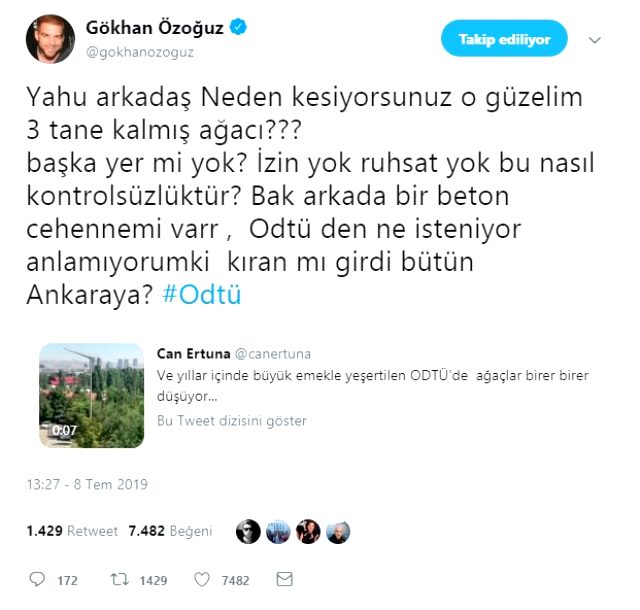 Gökhan Özoğuz'dan ODTÜ'de ağaçların kesilmesine tepki!