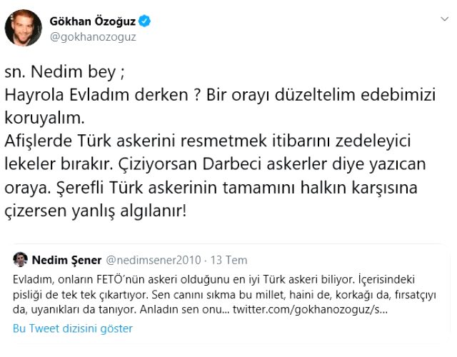Gökhan Özoğuz, 15 Temmuz afiş paylaşımını eleştiren Nedim Şener'e tepki gösterdi