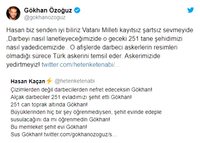 Oyuncu Hasan Kaçan, Gökhan Özoğuz'un 15 Temmuz afişleri hakkındaki paylaşımına tepki gösterdi