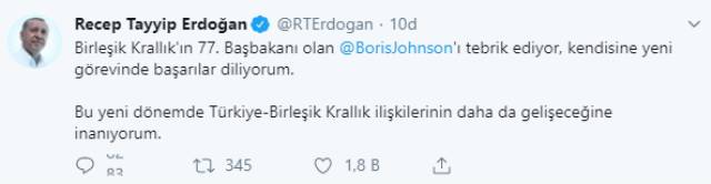 Erdoğan'dan İngiltere Başbakanı seçilen Boris Johnson için tebrik mesajı