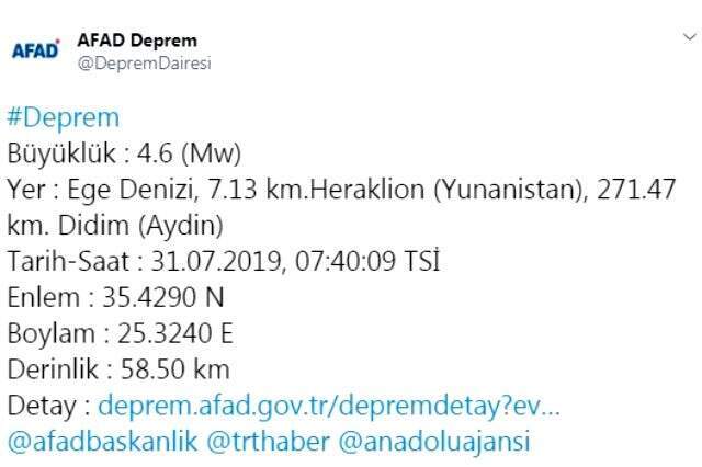Son dakika! Ege Denizi'nde 4,6 büyüklüğünde deprem Ege Denizi'nde 4,6 büyüklüğünde deprem
