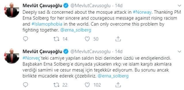 Bakan Çavuşoğlu'ndan Norveç'teki cami saldırısına tepki